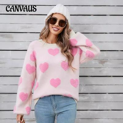 Winter Women's Sweater Love Valentine's Day Pullover Large Peach Heart Color Clash Sweater