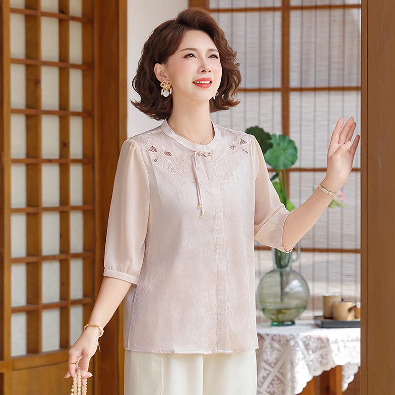 Chinese-Style Summer Top for Mothers: Lightweight, Seven-Point Sleeves, Plus Size, National Style, Ideal for Middle-Aged and Elderly Women