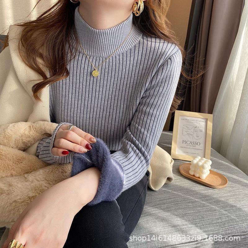 

Женский свитер с полувысоким воротником, новинка осени и зимы, зимняя утолщенная флисовая базовая рубашка облегающего кроя, теплая кофта One size fits all [recommended 80-60kg] серо голубой