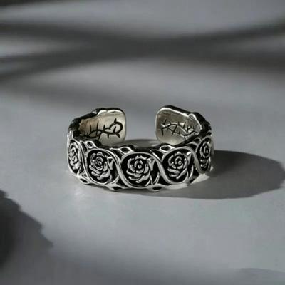 Adjustable Open Ring With Gold Plated Thorn Rose Motif Vintage Boho Statement Jewelry Women Men