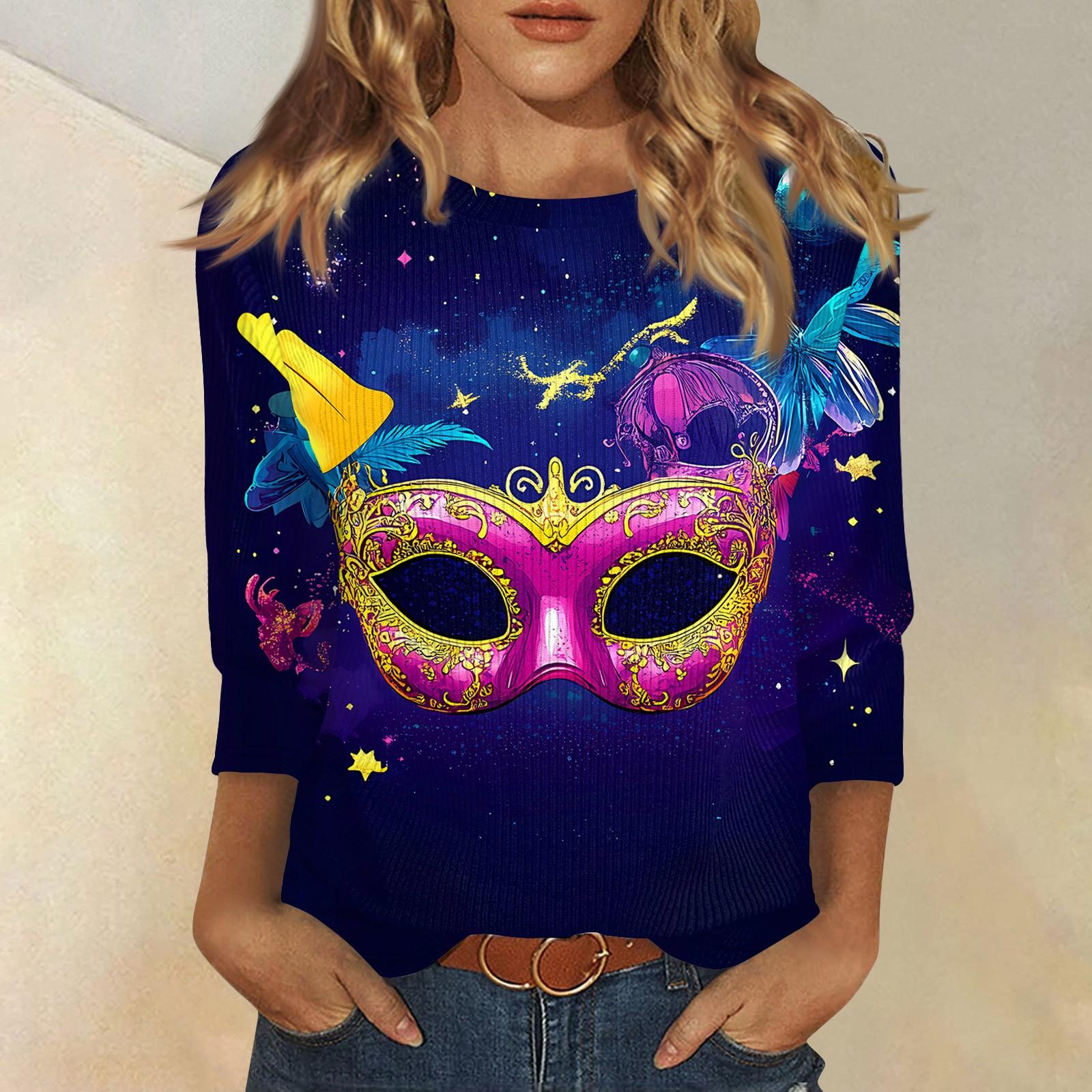 

Женская модная зимняя повседневная футболка с круглым вырезом и принтом в полоску с карнавальным принтом и рукавом три четверти Женская одежда L