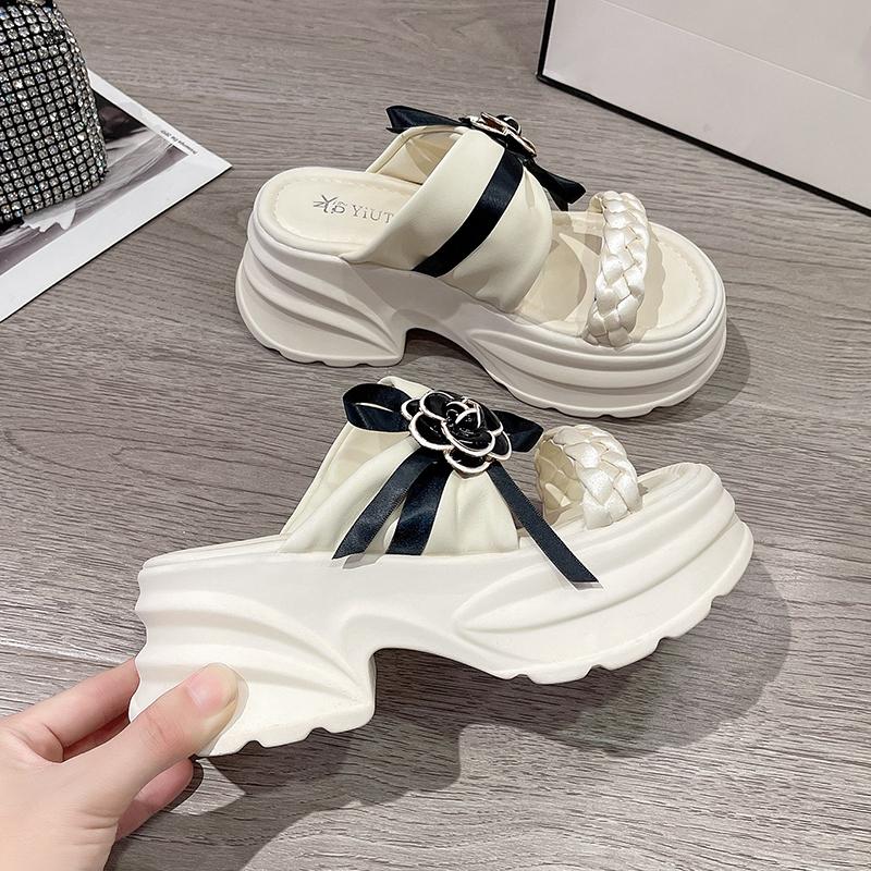 Fashion 9CM Heels Chunky Slippers For Women Open Toe High Platform Leather Sandals Woman 2025 New Summer Thick Bottom Beach Flip Flops