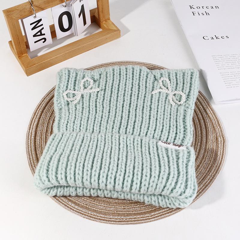 Hat Women's Autumn and Winter Cat Ear Wool Hat Sweet and Cute Bow Warm Knit Hat Ear Protection Cold Pullover Hat
