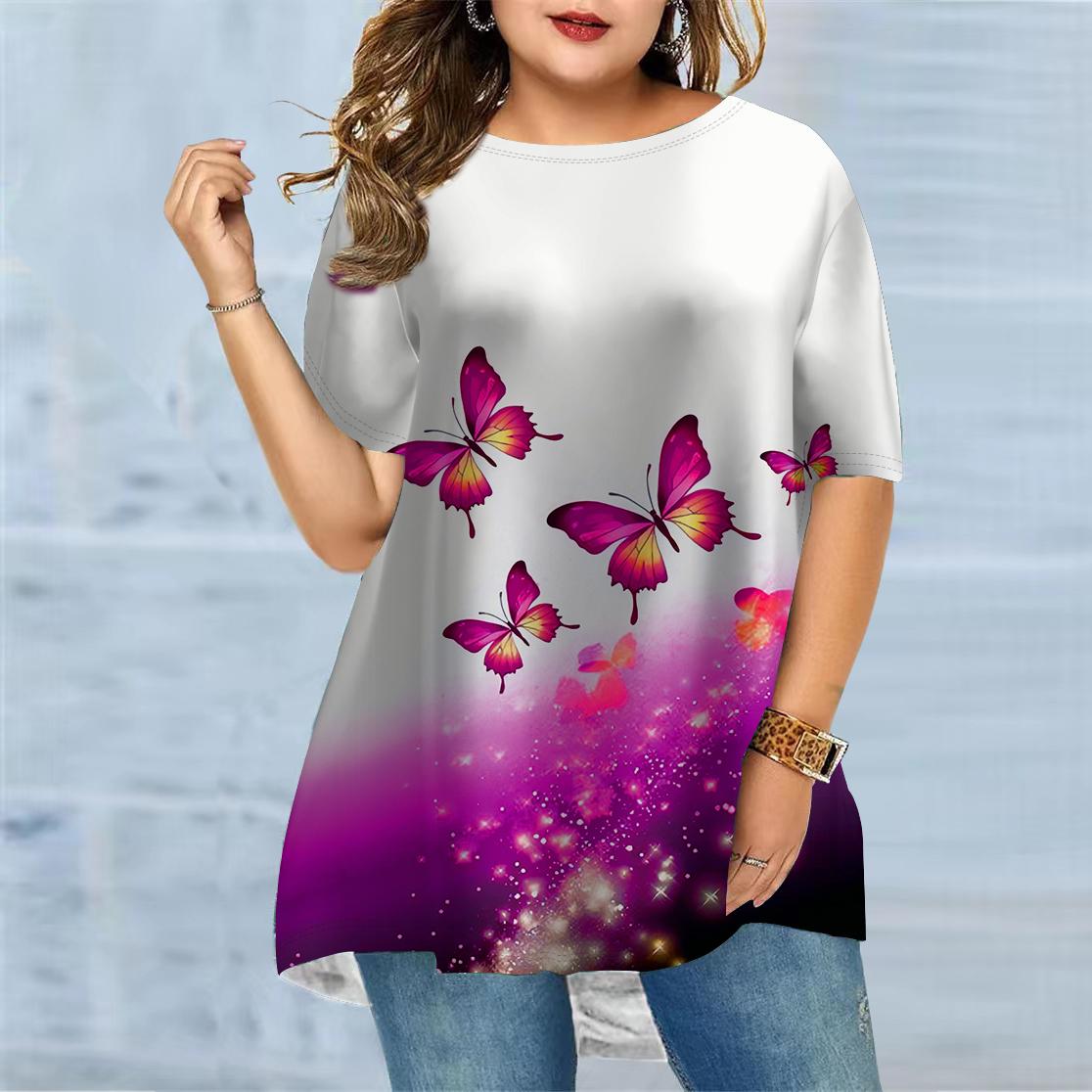 

Женская летняя фиолетовая золотая бабочка больших размеров, удобная футболка с короткими рукавами и круглым вырезом, повседневная мешковатая футболка средней длины 8XL золотой