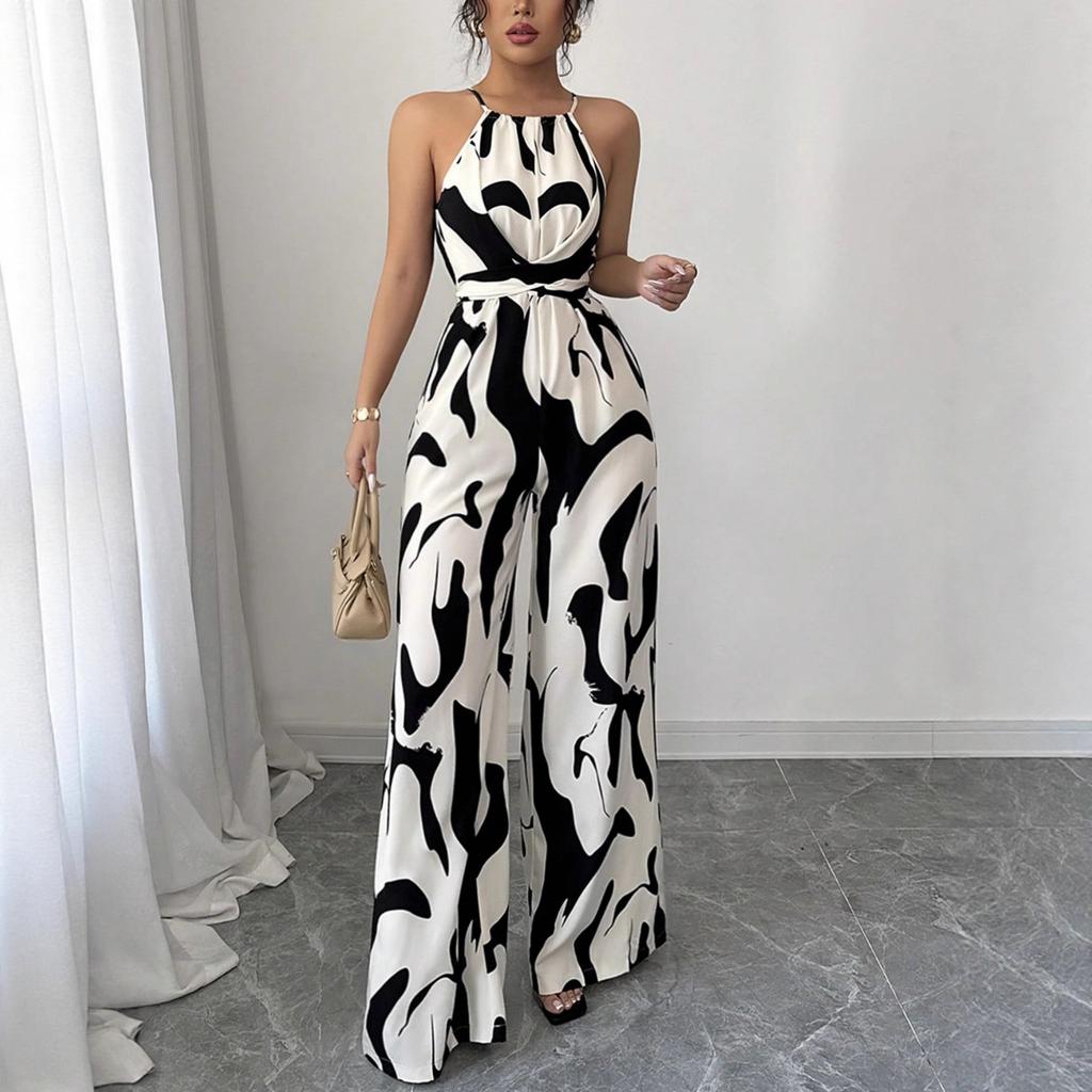 Women's Halter Neck Sleeveless Printed High Waist Wide Leg Jumpsuit Casual Summer Romper