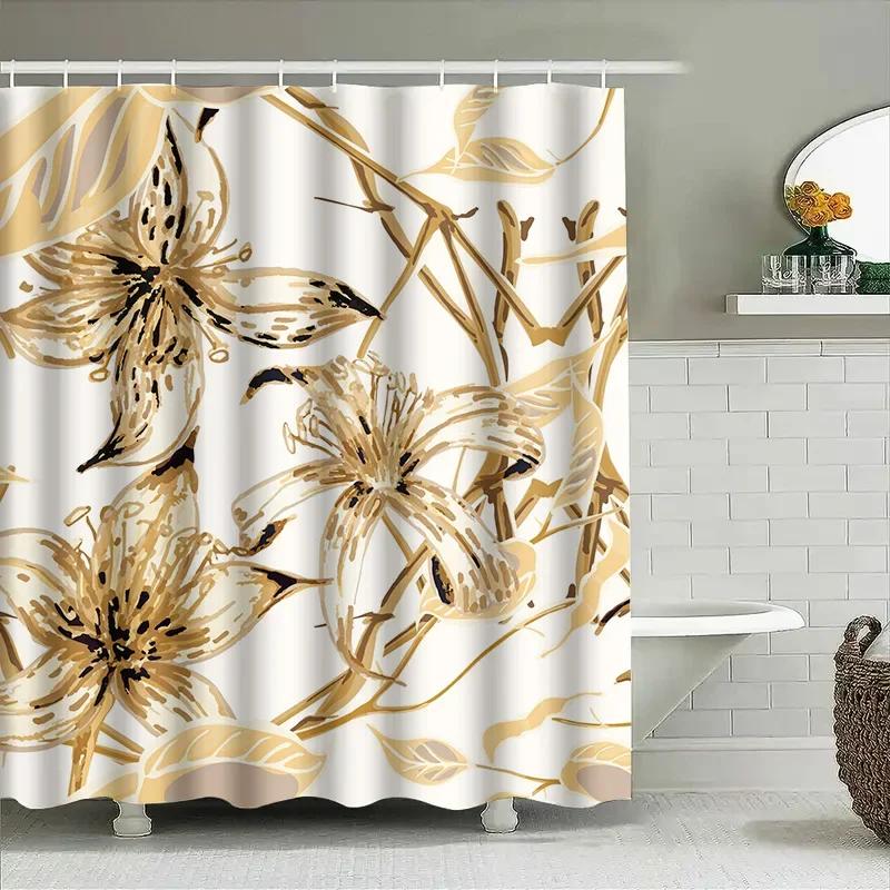 Luxury Floral Shower Curtain Modern Golden Bathroom Decor For Home Living Room Kitchen Waterproof Fabric In Various Sizes Availa