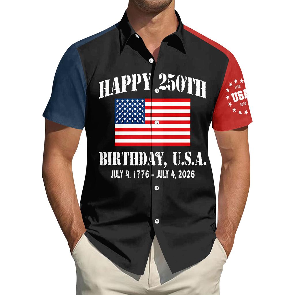Top da Uomo Stampato per il Giorno dell'Indipendenza con Colletto Camicia Casual Sportiva a Maniche Corte da Uomo