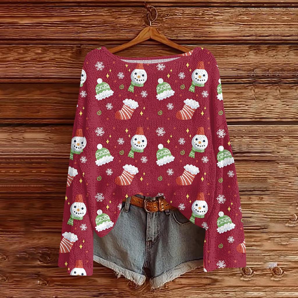 Women's Fashionable Oversized Knitwear Long-Sleeved Christmas Print Top