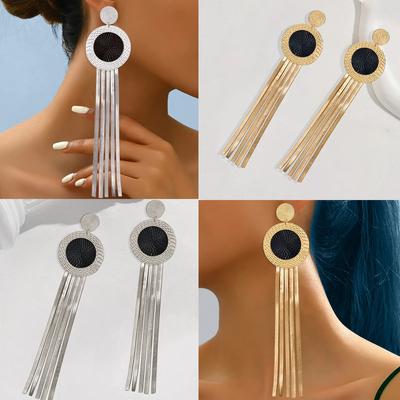 Personality Fashion Exaggerated Fringed Earrings Black Gold Color Scheme Disc Classic Temperament Elegant and Advanced