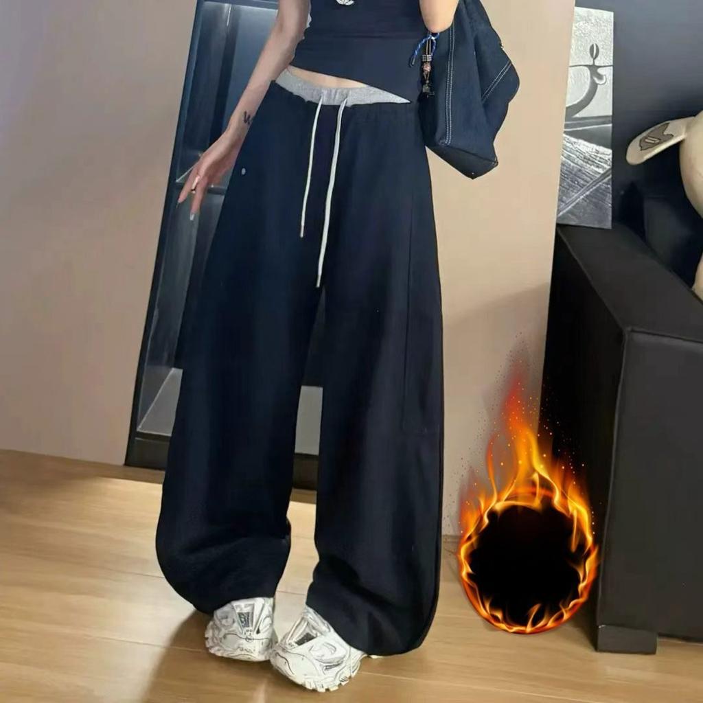 Women's High Waist Wide Leg Sweatpants Fleece Lined Casual Curved Tapered Trousers