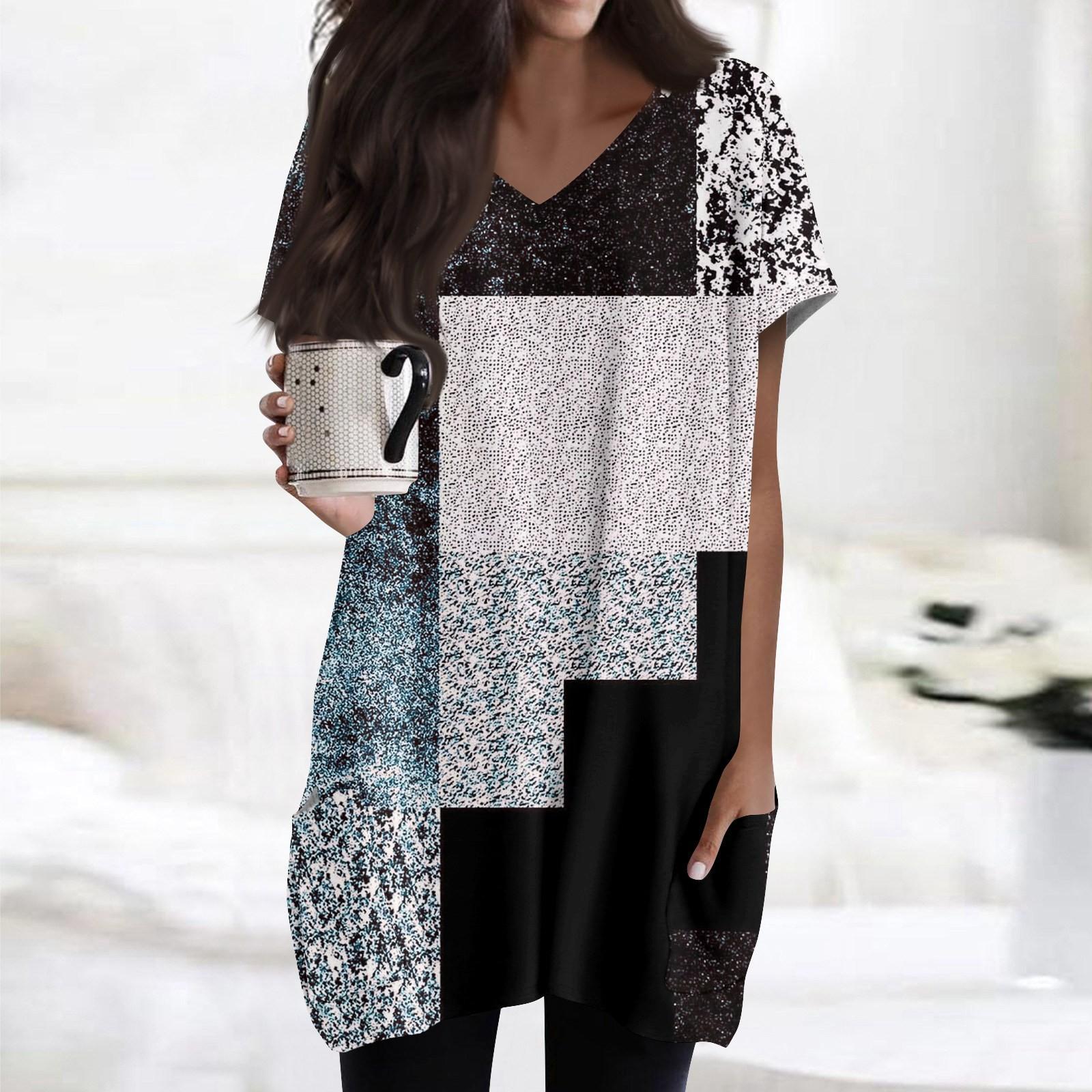 

Женские топы с V-образным вырезом, блузки с коротким рукавом, повседневные рубашки средней длины, модные туники с принтом и карманами XXXL