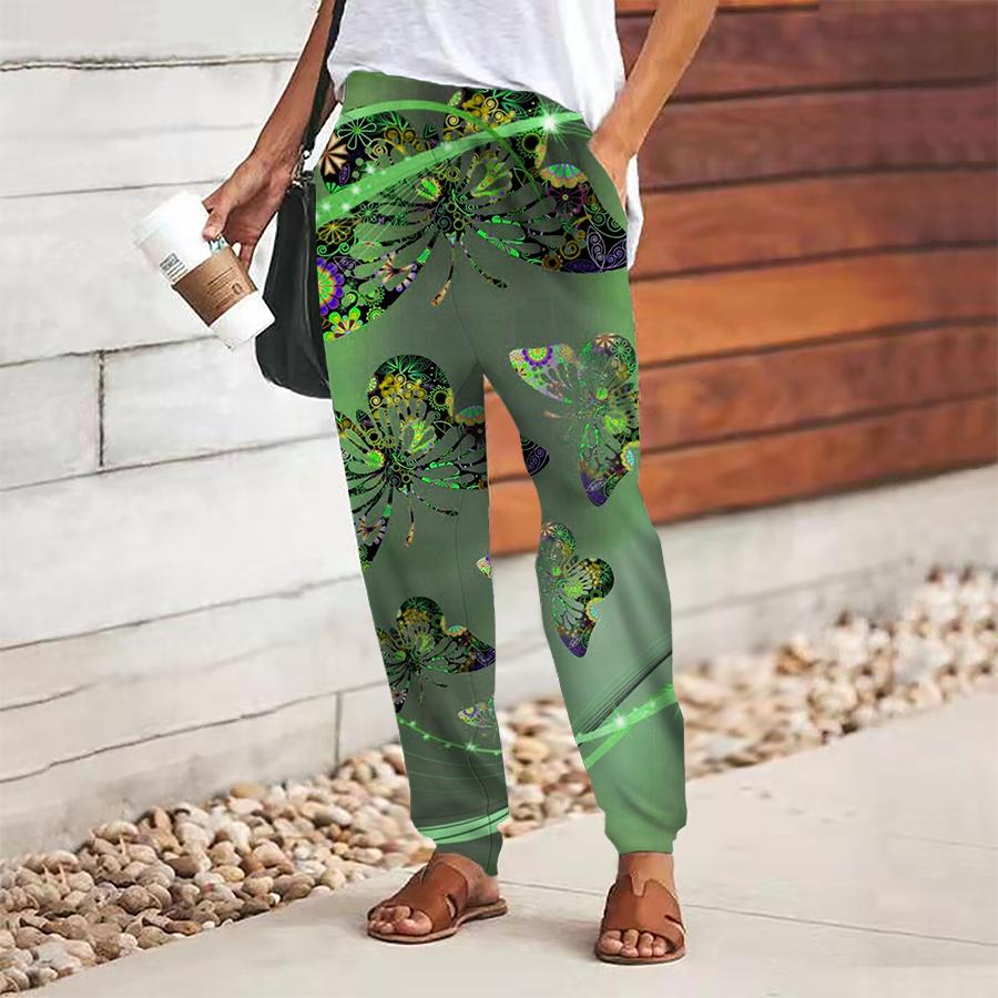 Women Butterfly Printing Pants Lace Up Elastic Waist Loose  Trousers Casual Long Pants Trousers with Pockets