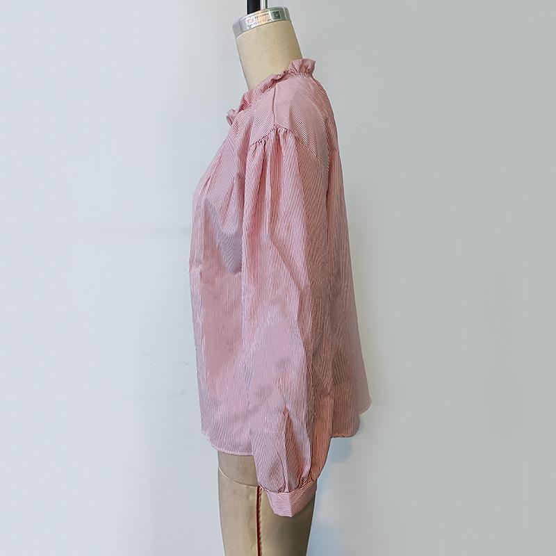 Damen Frühling Neu Gestreift Bedruckt Rundhals Holzohr Kante Western Stil Langarm Oberteil