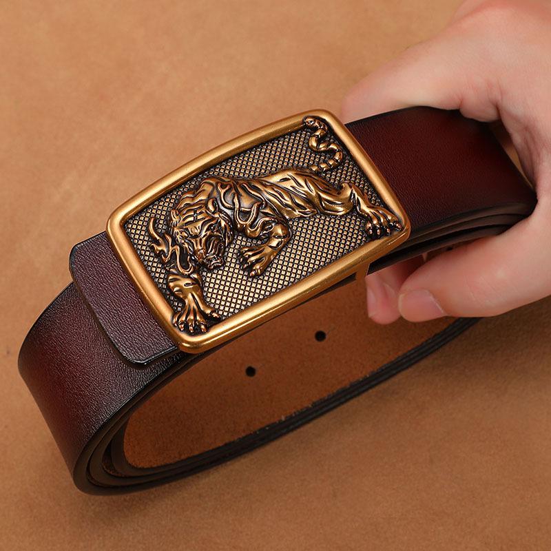 Men's Retro Genuine Cowhide Leather Belt with Smooth Buckle - Extended Large Size for Trendy and Plus-Size Fashion