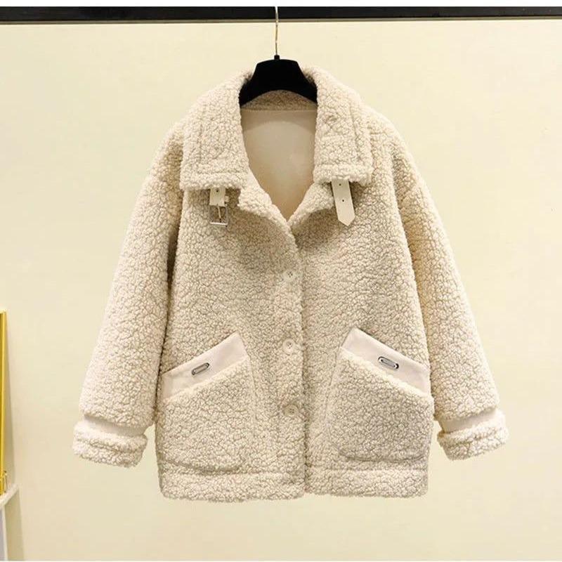Veste en Fausse Laine d'Agneau pour Femme - Style Coréen Automne/Hiver 2025, Coupe Régulière, Manteau Petite Taille