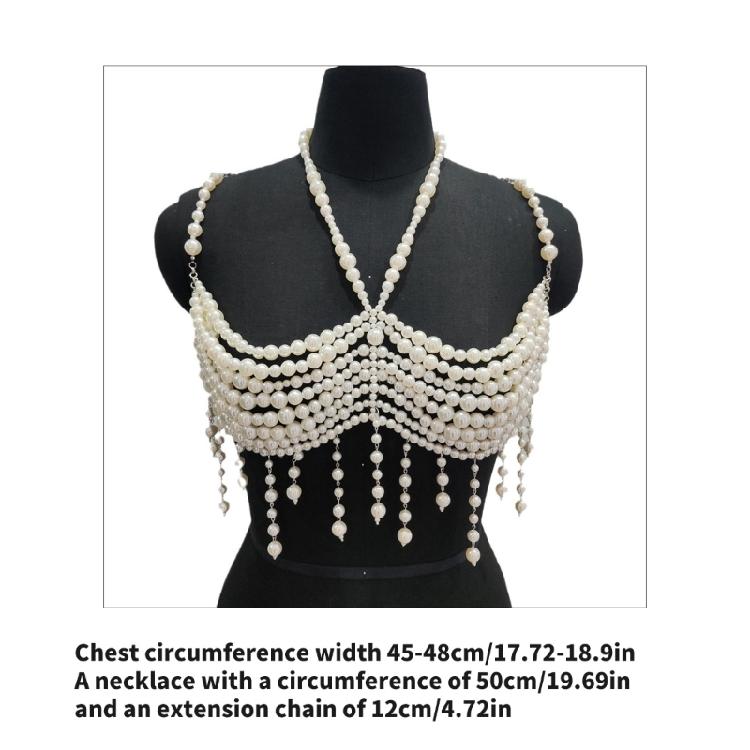 Faux Pearls Beaded Harness Bra Chest Chain for Women’s Party and Beach Clubwear Tassels Body Jewelry Bralette Crop Top