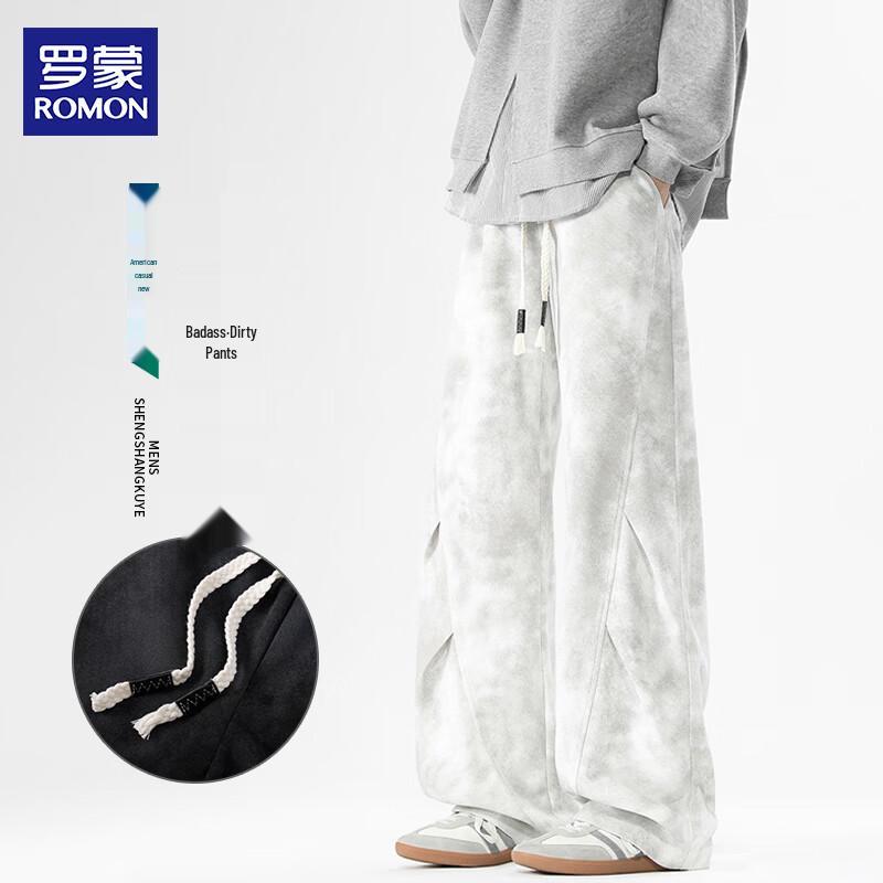ROMON Men s Tie-Dye Distressed Straight Wide-Leg Sweatpants L
