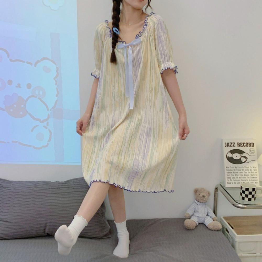 New Summer Cotton Short-sleeved Nightgown for Women Sweet Thin Round Neck Mid-length
