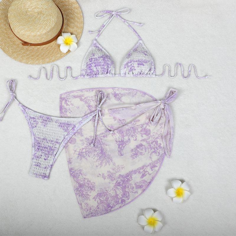 Europäisches und Amerikanisches Bedrucktes Dreiteiliges Bikini-Set mit Gaze-Rock - Sexy Urlaubs-Badeanzug
