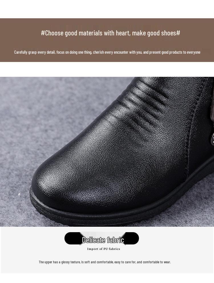 Women's Winter Soft Sole Cotton Boots for Middle-Aged and Elderly - Velvet-Lined, Flat Bottom, Leather Short Boots