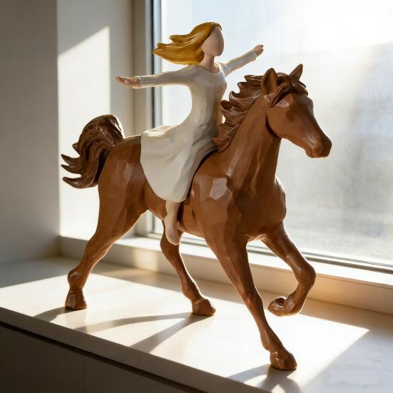 Girl Riding Horse Figurine Hand-Painted Women On Horse Resin Statue Sculpture Home Office Decoration
