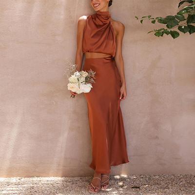 Spring And Summer Elegant Satin Sexy Dress Women Slim Solid Casual Two-Piece Dresses Suit High Waist Party Vintage Dress 25772