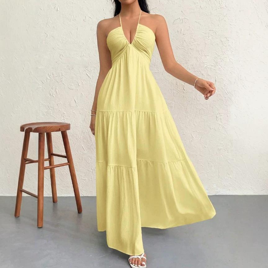 European and American Summer New Splicing French Skirt Sexy V-neck Seaside Vacation Suspender Dress Women