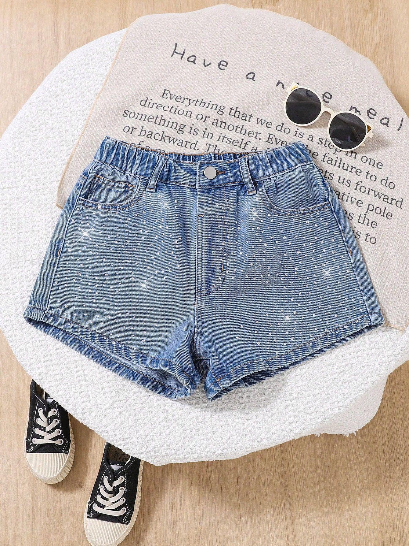 2026 Sommer Strass-Jeansshorts für Teenager-Mädchen 12Y (146-152CM) blau