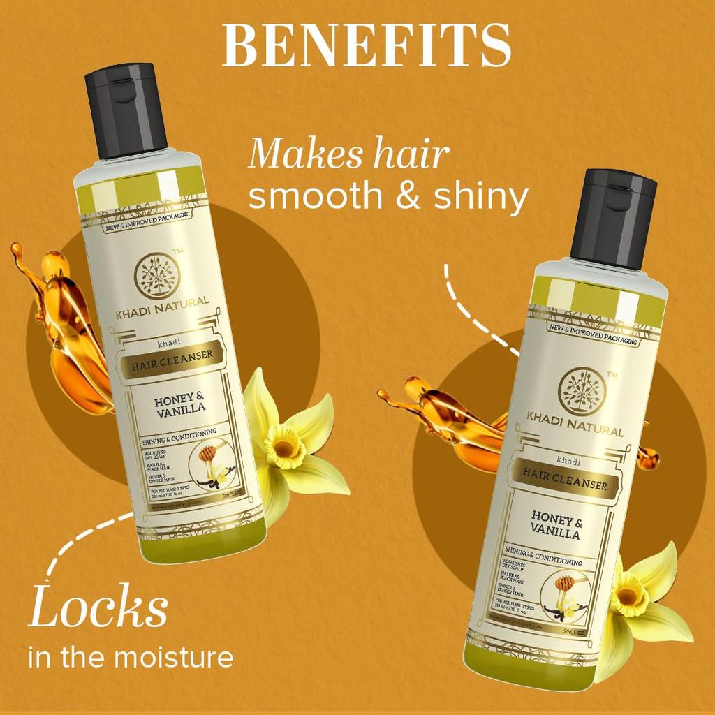 KHADI NATURAL Honey And Vanilla Hair Shampoo For Soft Smooth Hair Gentle Daily Cleanse Suitable For All Hair Types Pack Of 2 X 210 Ml