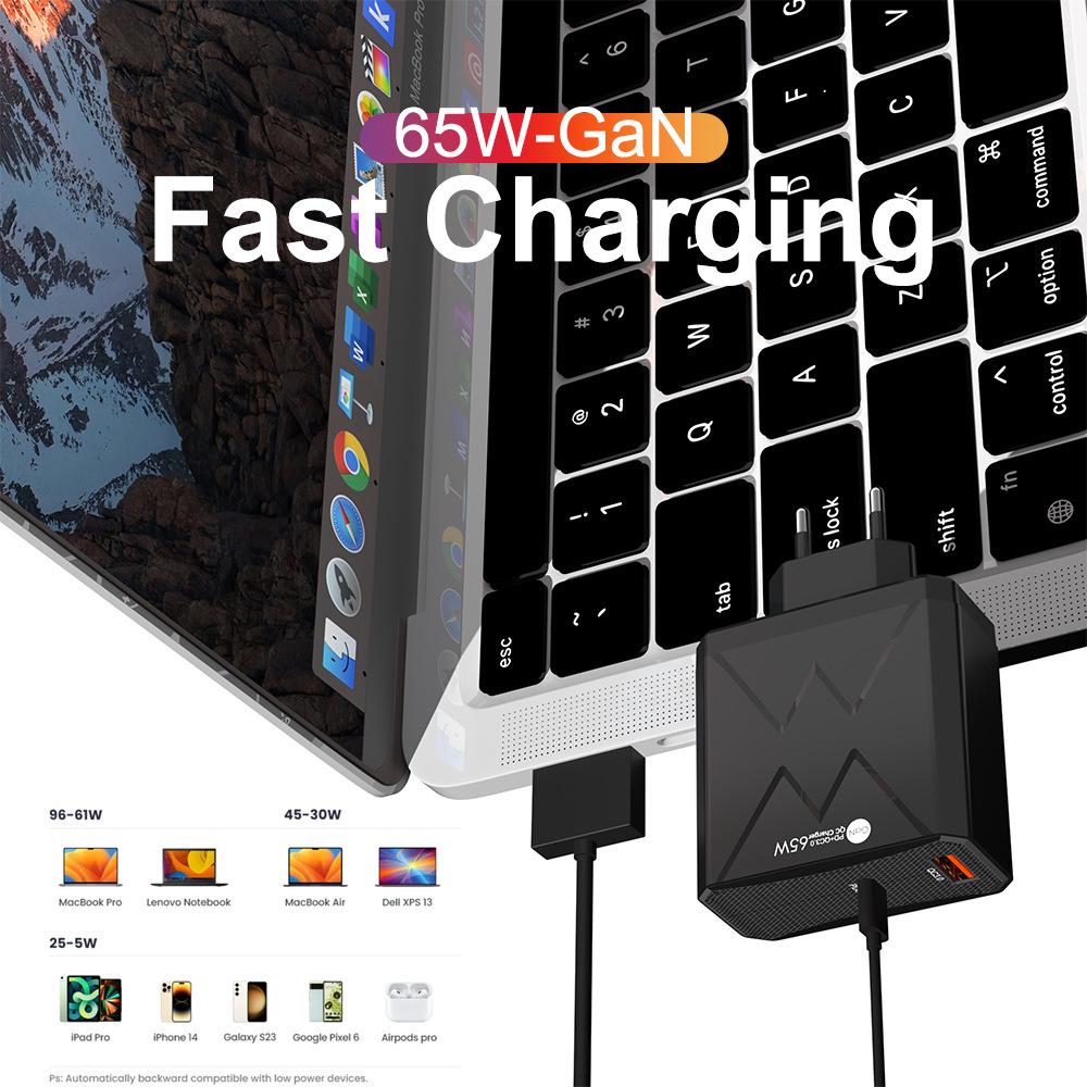PD65W Universal Charger - CE, ROHS, FCC Certified, With Type-C QC3.0, Supports Australian, British, European, and American Standards, A+C Port.