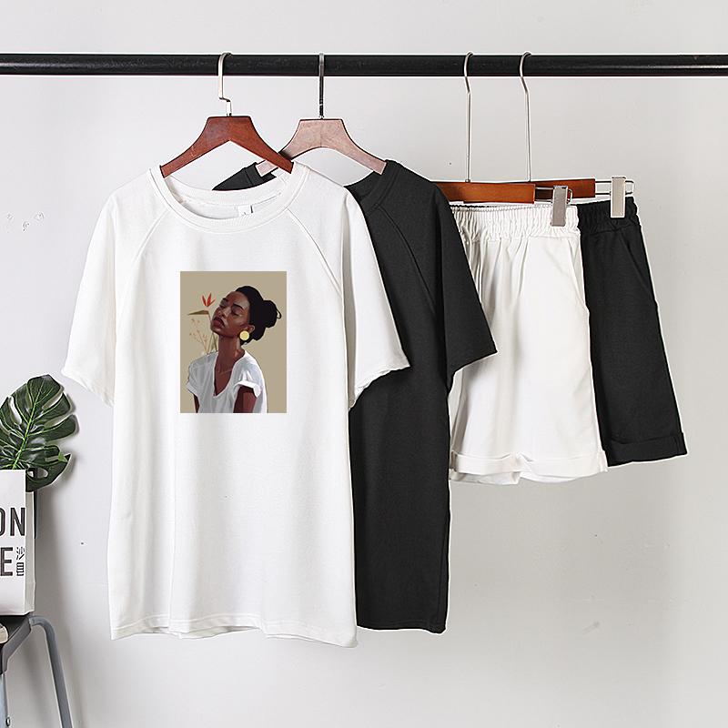 

Печатная летняя хлопковая футболка Комплекты Женщины Повседневные Две части с коротким рукавом Футболки и высокая талия Короткие брюки Твердые наряды Спортивный костюм