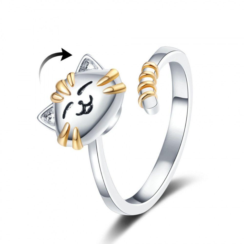 Durable Adjustable Fidget Spinner Rings Cute Cartoon Gold Silver Cat Kitten Rings Animal Open Rotate Freely Ring Girlfriends