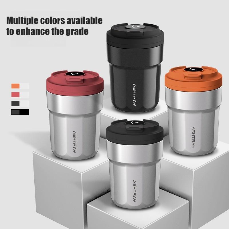 Nuovo Posacenere per Auto Creativo Stile Tazza da Caffè Posacenere per Auto con Coperchio Luce LED a 7 Colori Rivestimento Metallico e Guscio in ABS Tazza per Rifiuti
