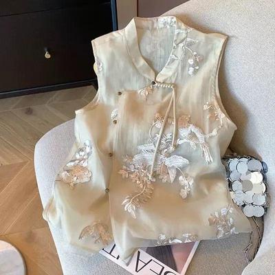 Chinesische Schnalle Retro Neue Weste Weste Sommer Bestickt Stehkragen Oberteil