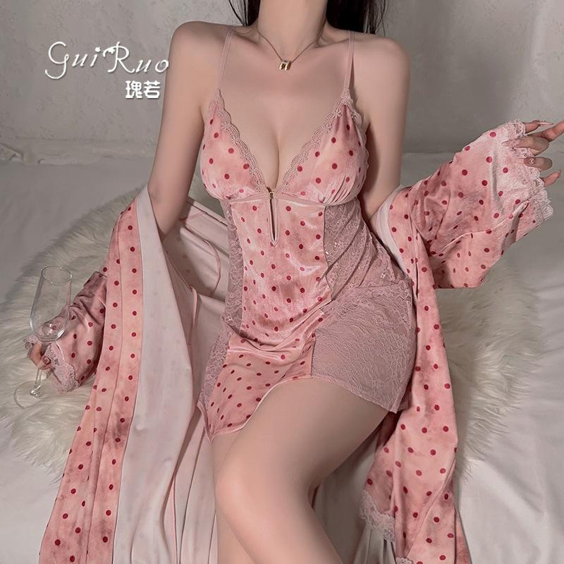 Women's Velvet Warm Deep V Push Up Padded Backless Sleep Dress with Robe Lounge Set