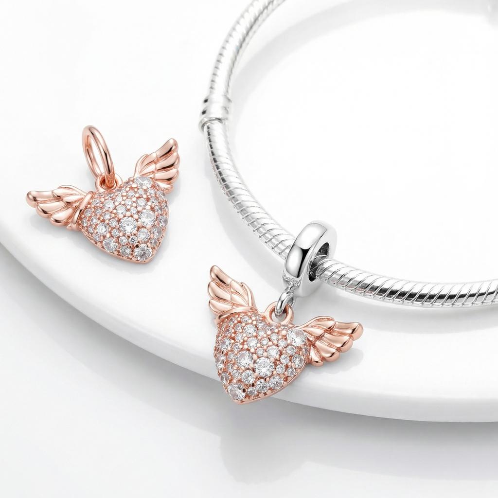 New Rose Gold Color Charm For Women Shiny Cubic Zirconia Beads Heart Star Sun Diy Fit Original Silver 925 Bracelets Jewelry Gift