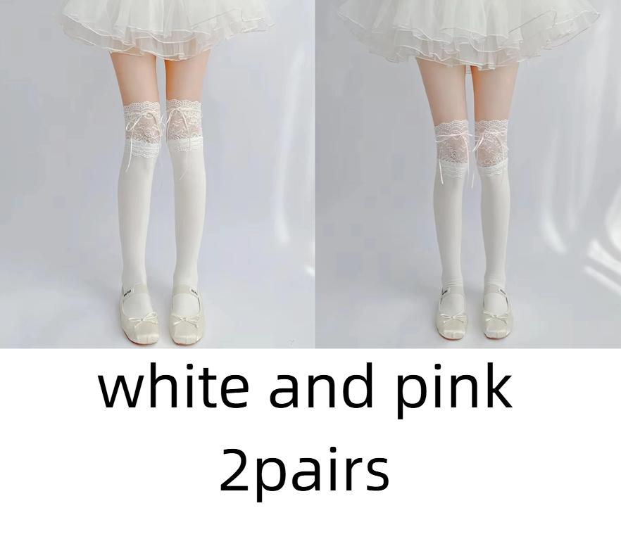 1pairs White Lace Lace Tied Ribbon Velvet Over Knee Socks Lolita Cute Sweet Calf Socks Women's Mid-Leg Kawai Thigh High Socks