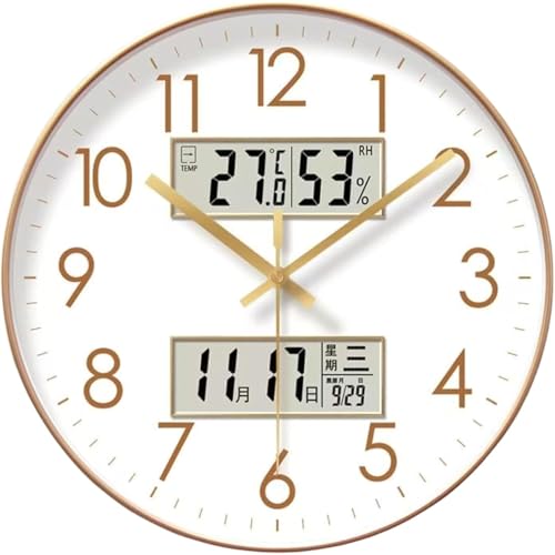 kxptso Wall Clock, Analog Temperature and Humidity Display, Digital Calendar, LCD Display, Quiet, Continuous Second Hand, Analog Wall Clock (A, 35cm)