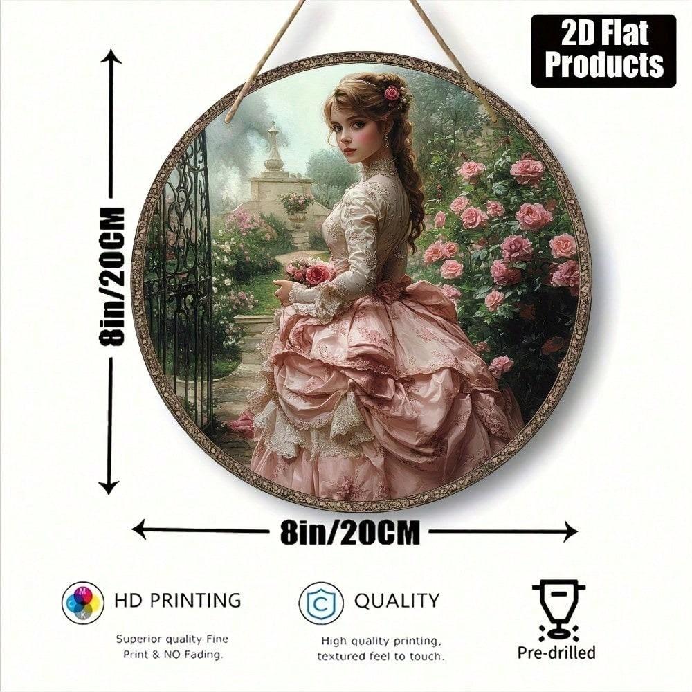 Vintage 2D Plane Round Wood Board Wall Art 8x8, Retro Woman Painting Metal Sign for Home Decor Kitchen Cafe Bar Living Room