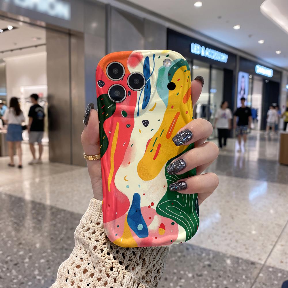 Abstract Color Block Doodle Phone Case For iPhone 17 16 15 14 13 12 11 Pro Max Plus Wavy Edge Protective Cover