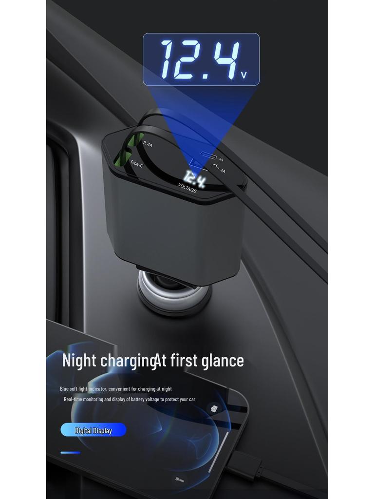 120W Super Fast Telescopic 4-Port Car Charger for Apple 15 & Huawei