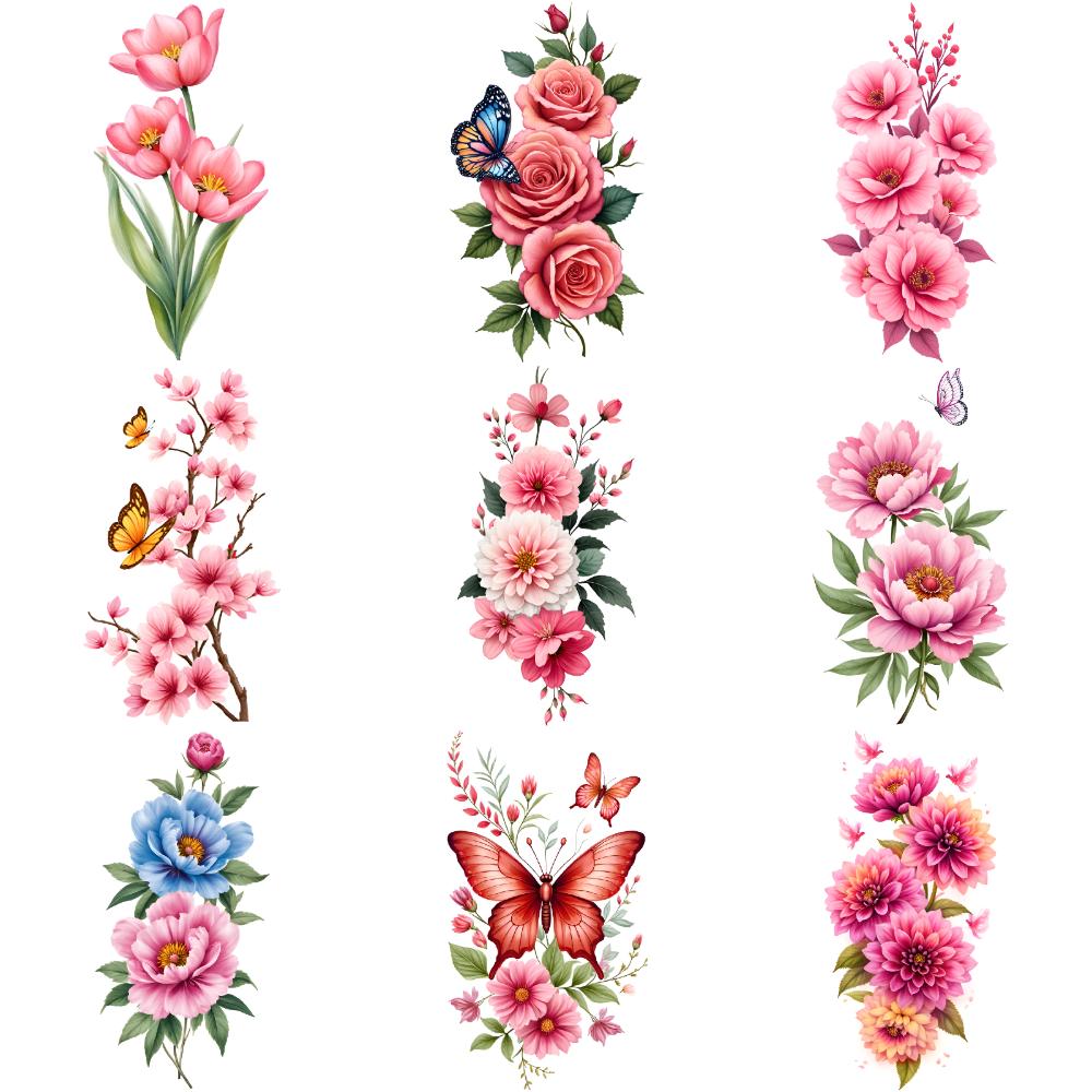 9pcs Temporary Tattoo Waterproof Long-lasting Body Stickers Sunflowers Dahlias Butterflies For Adult Shoulders Back