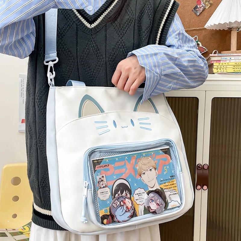 Y2K Cute Cat Ita Shoulder Bag Large Capacity Women Casual Crossbody Bag Kawaii Girl Transparent Pocket DIY Display Nylon Handbag