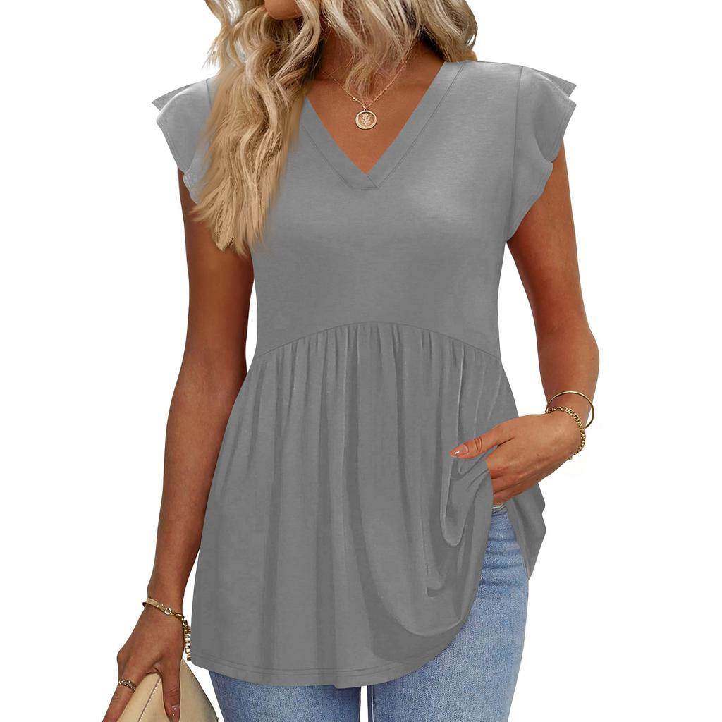 Womens Tops Fashionable V-neck Ruffled Sleeve Short-sleeved T-shirt Business Blouses
