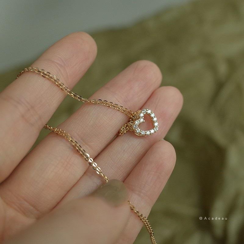 Peach Heart S925 Sterling Silver 14K Gold-Plated Diamond Clavicle Necklace Pendant for Women 14K Gold