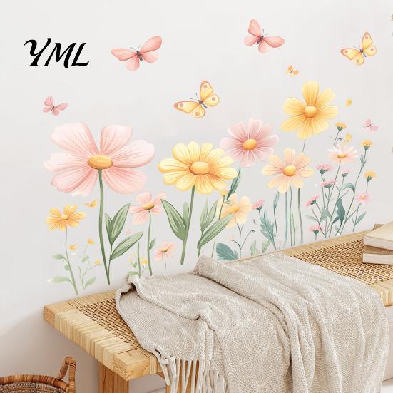 Removable Butterfly Wall Decals 2Pcs Watercolor Flowers Sticker, PVC Waterproof Floral Decal with Butterflies, Flower Stickers for Girls Room