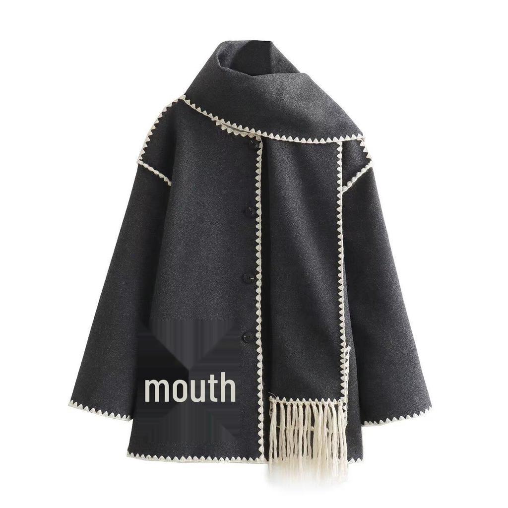 Women's European & American Style Scarf Spliced Casual Woolen Coat - Fashionable, Versatile, and Loose Fit