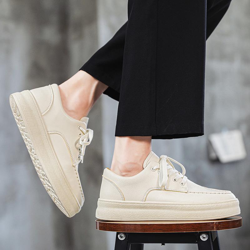 Men‘S New Spring Autumn White Sneakers Work Casual Round Toe Lace-Up Anti-Slip Versatile Casual Leather Shoes Designer Shoes Men