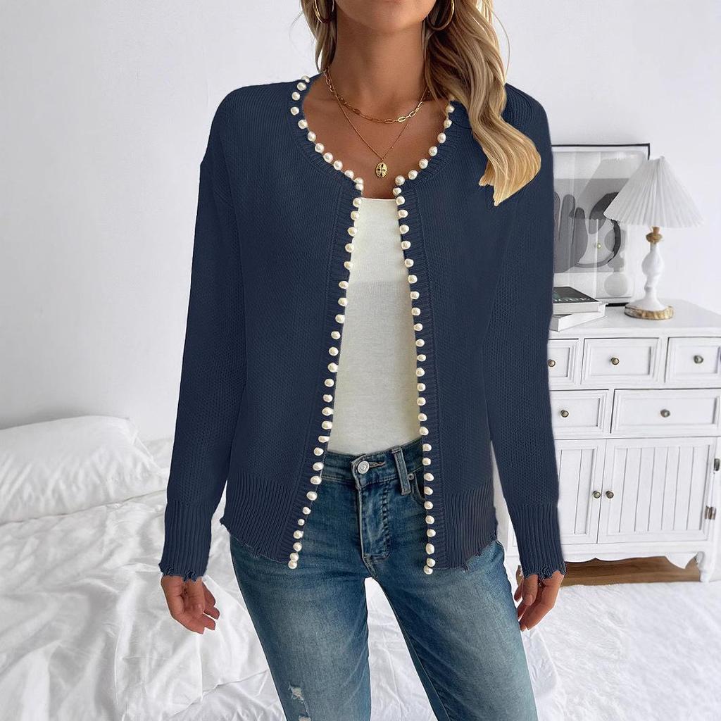 2024 European & American Casual Pearl Round Neck Long Sleeve Black Cardigan Coat