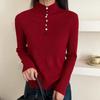 Women's Ribbed Mock Neck Sweater Colorful Button Decor Long Sleeve Knit Top Autumn Casual Wear